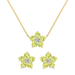 Greenwich Flower Peridot & Diamond Necklace and Earrings Set in 14k Gold (August)
