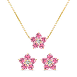 Greenwich Flower Pink Tourmaline & Diamond Necklace and Earrings Set in 14k Gold (October)