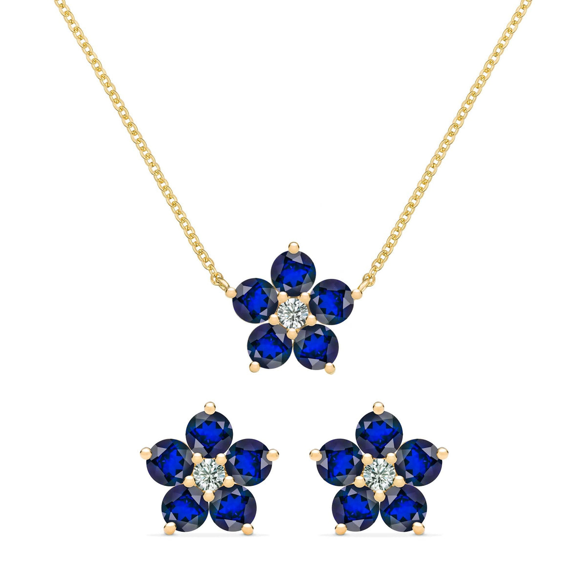 Pair of Greenwich earrings and a necklace in 14k gold featuring 4 mm sapphires and 2.1 mm diamonds - front view