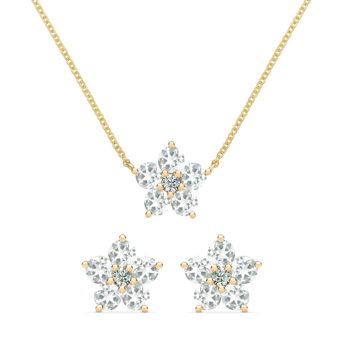 Pair of Greenwich earrings and a necklace in 14k gold featuring 4 mm white topaz and 2.1 mm diamonds - front view