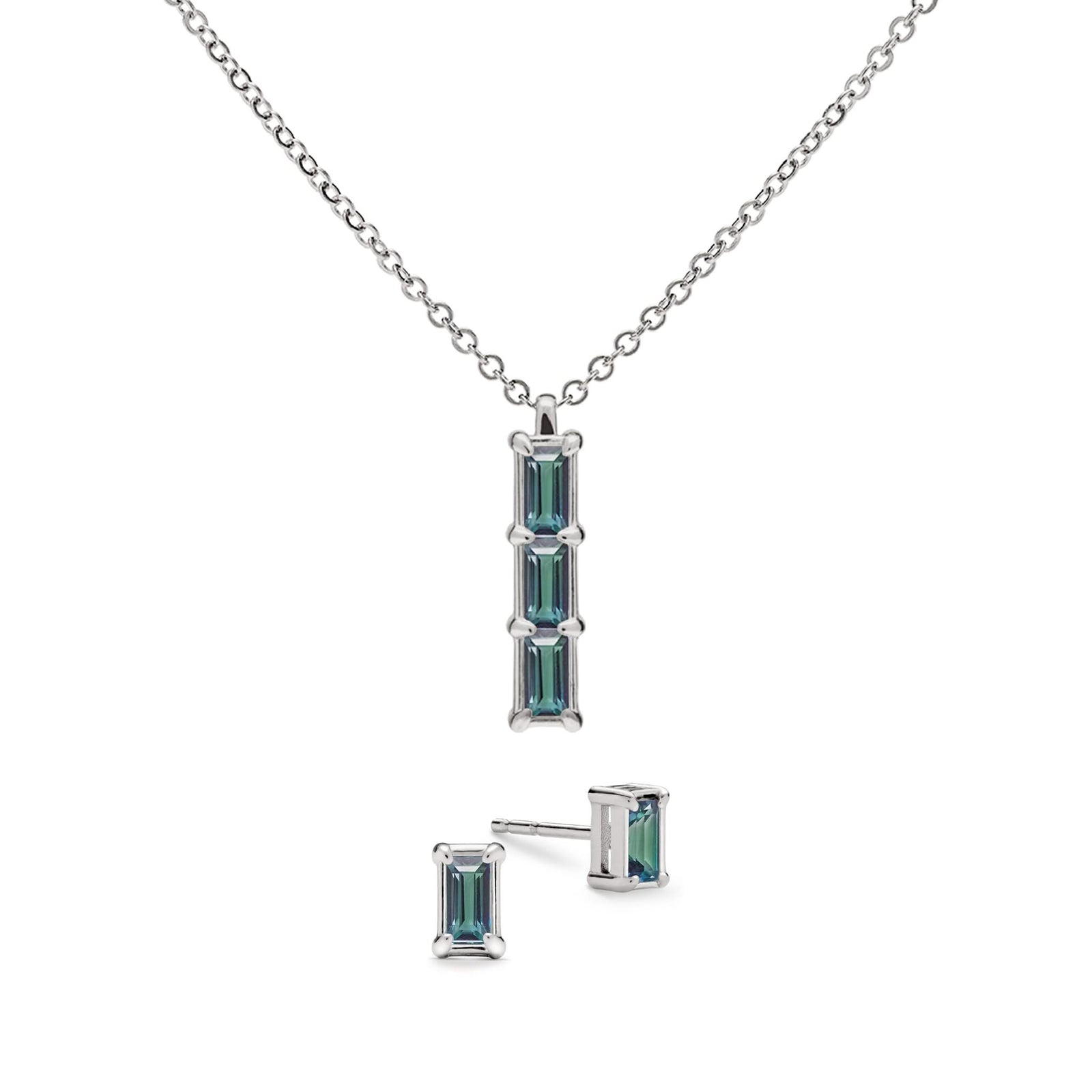 Providence 3 Alexandrite pendant and stud earrings set with petite baguette stones set in 14k white gold