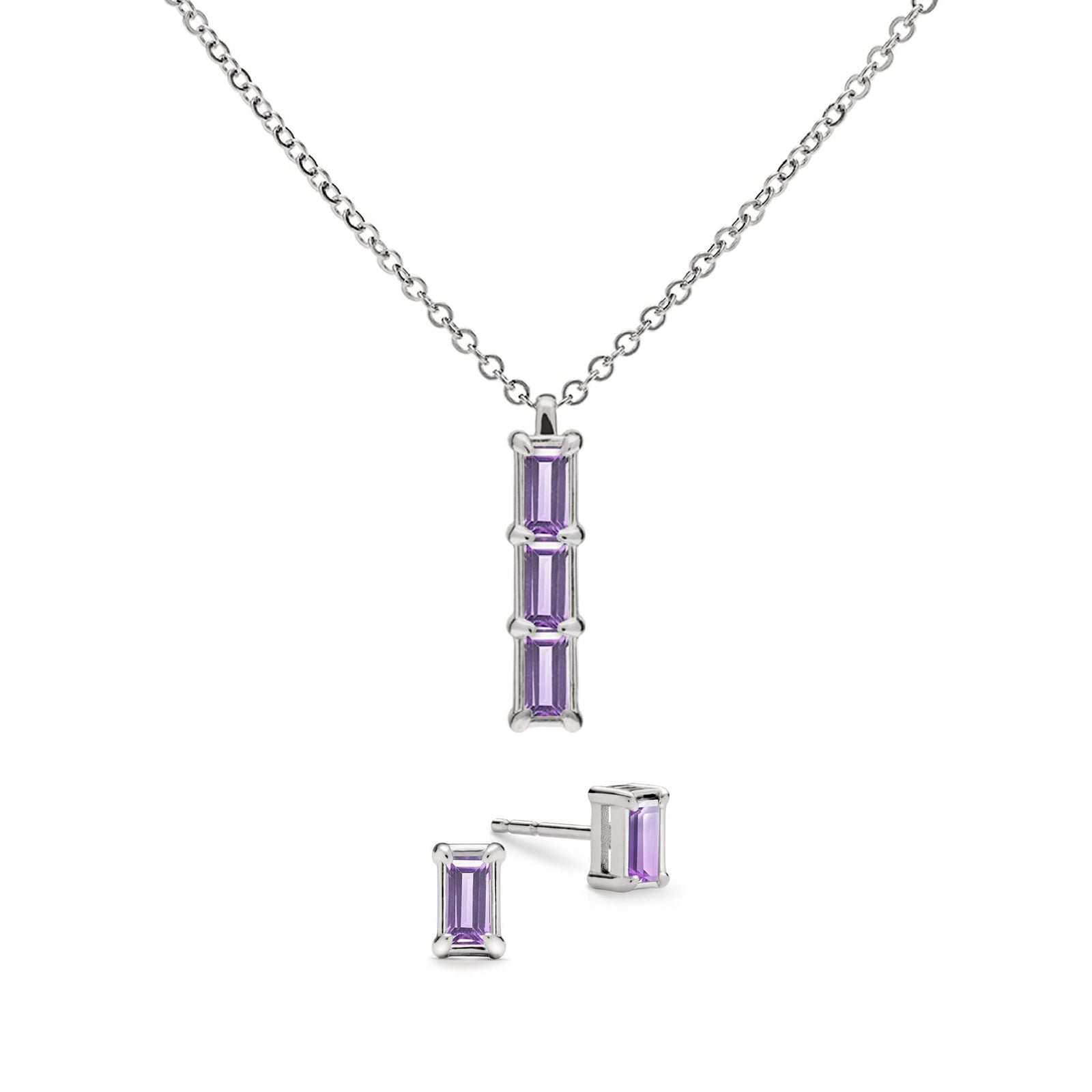 Providence 3 Amethyst pendant and stud earrings set with petite baguette stones set in 14k white gold