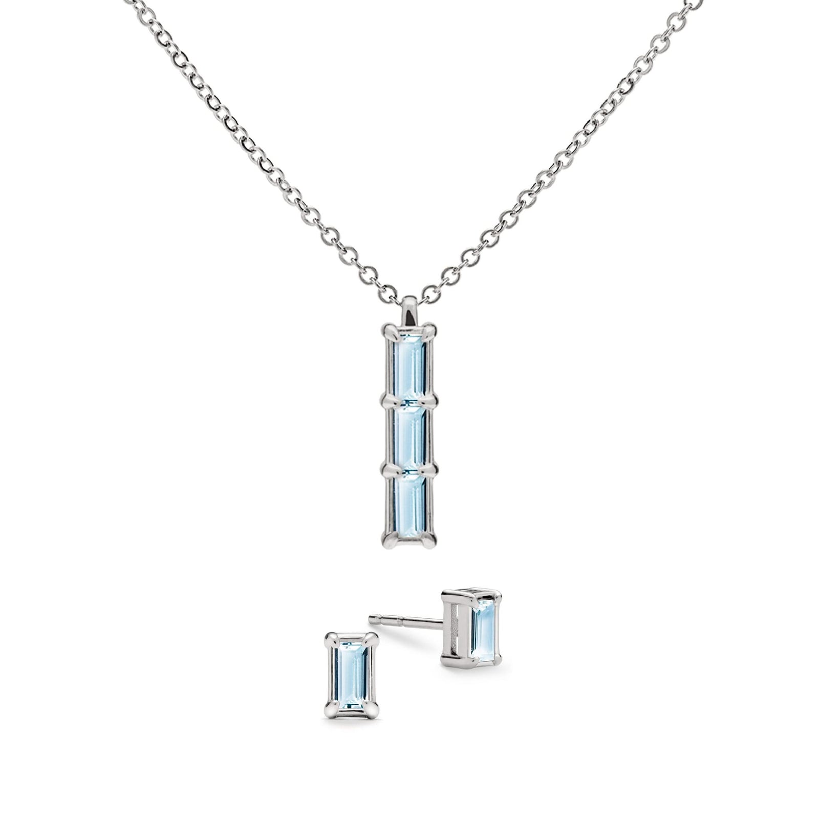 Providence 3 Nantucket Blue Topaz pendant and stud earrings set with baguette stones set in 14k white gold