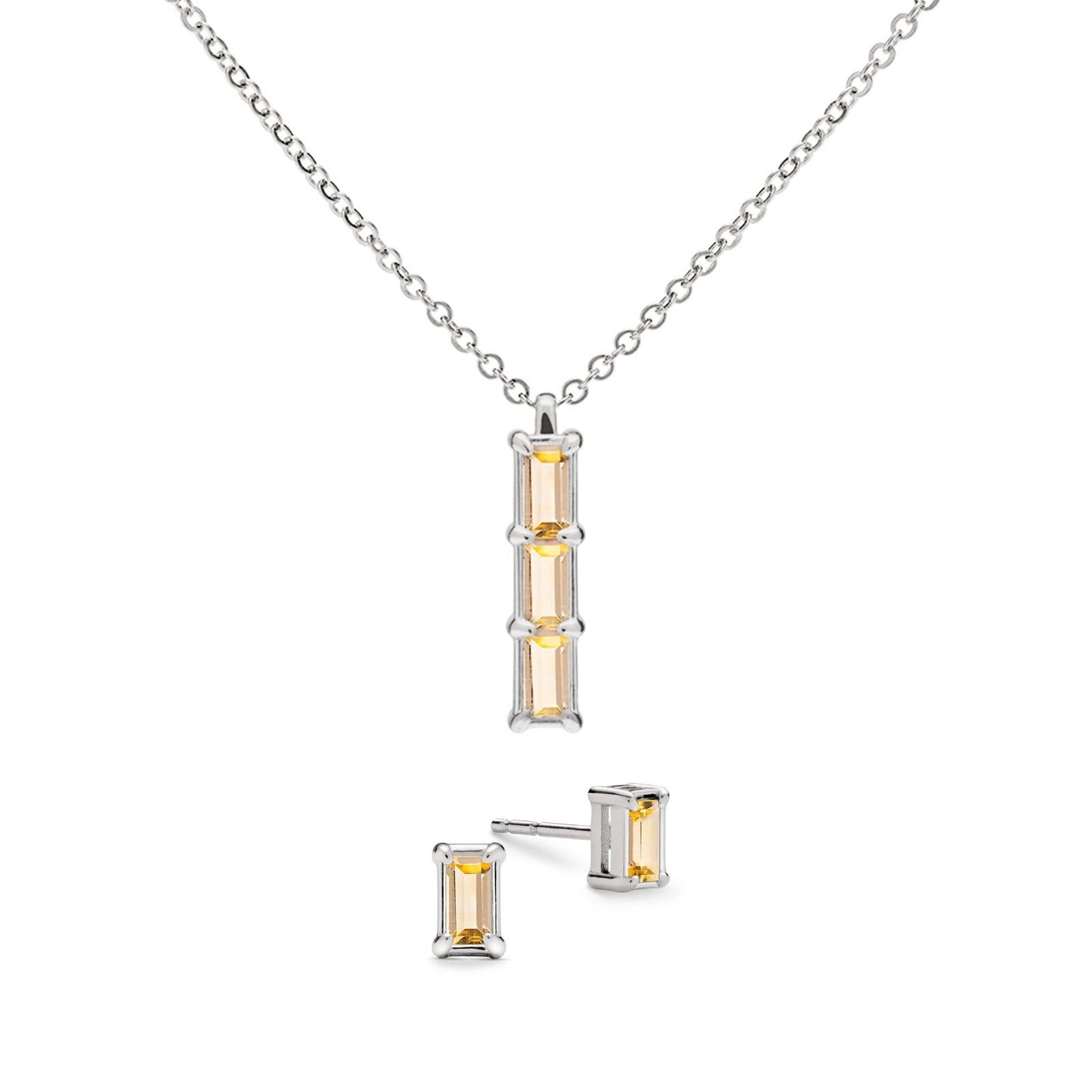 Providence 3 Citrine pendant and stud earrings set with petite baguette stones set in 14k white gold