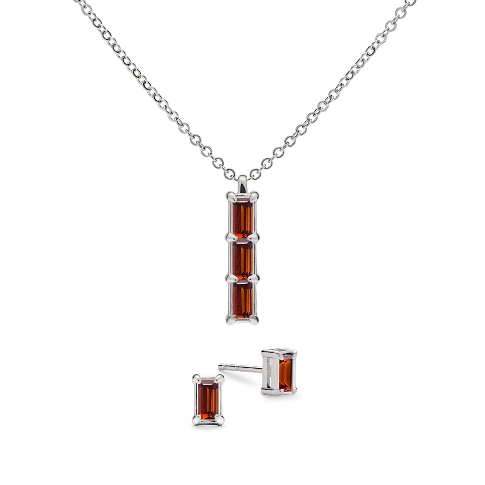 Providence 3 Garnet pendant and stud earrings set with petite baguette stones set in 14k white gold