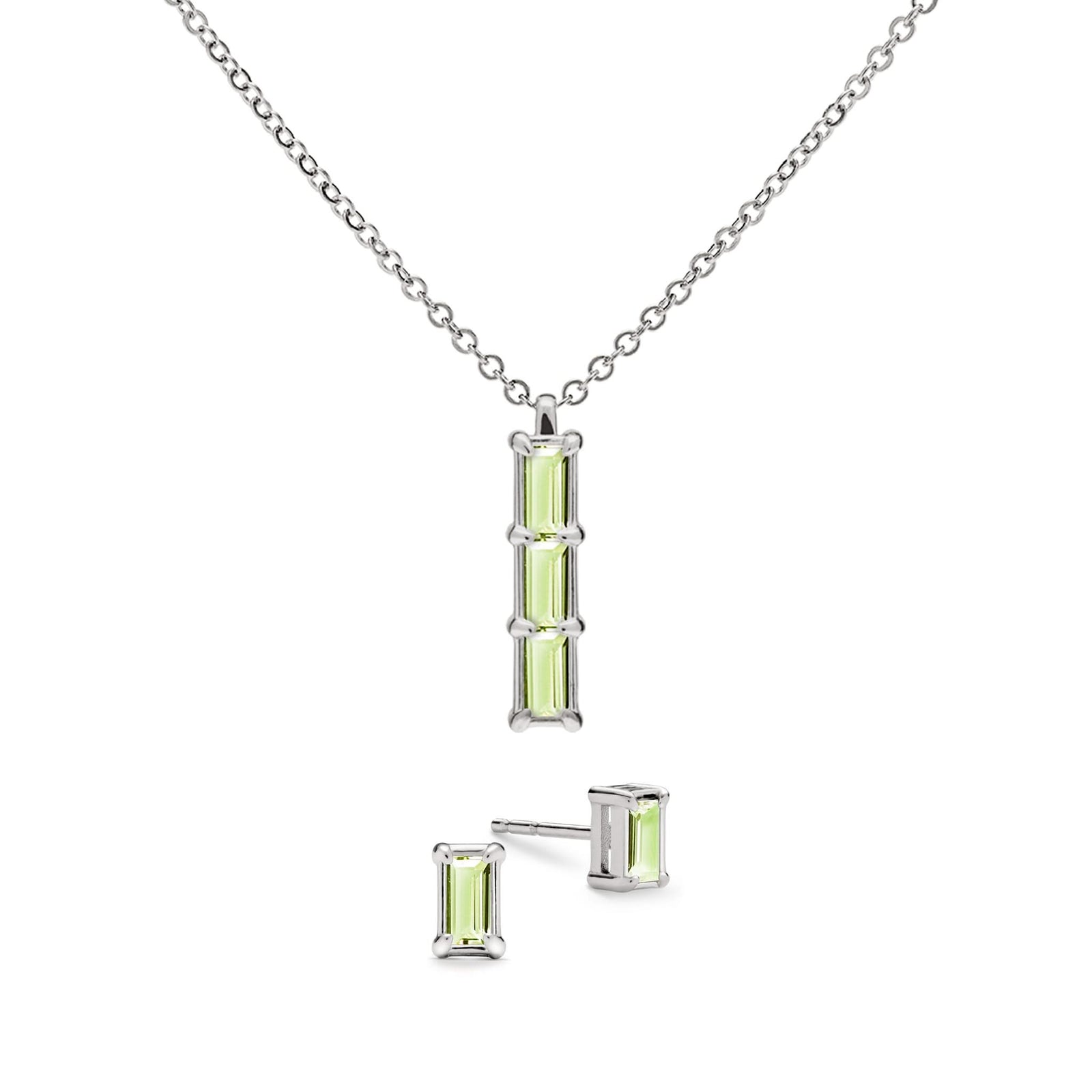 Providence 3 Peridot pendant and stud earrings set with petite baguette stones set in 14k white gold