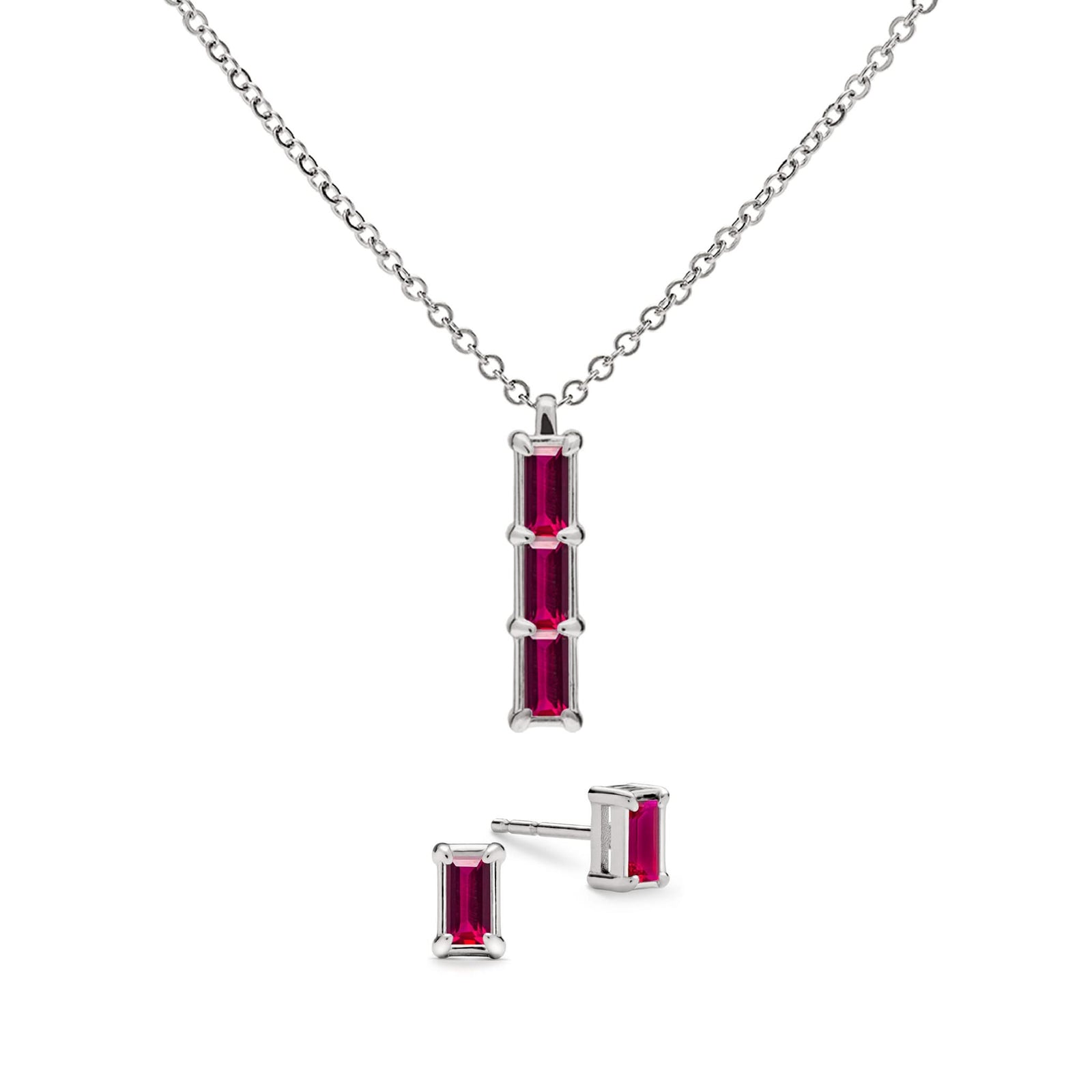 Providence 3 Ruby pendant and stud earrings set with petite baguette stones set in 14k white gold