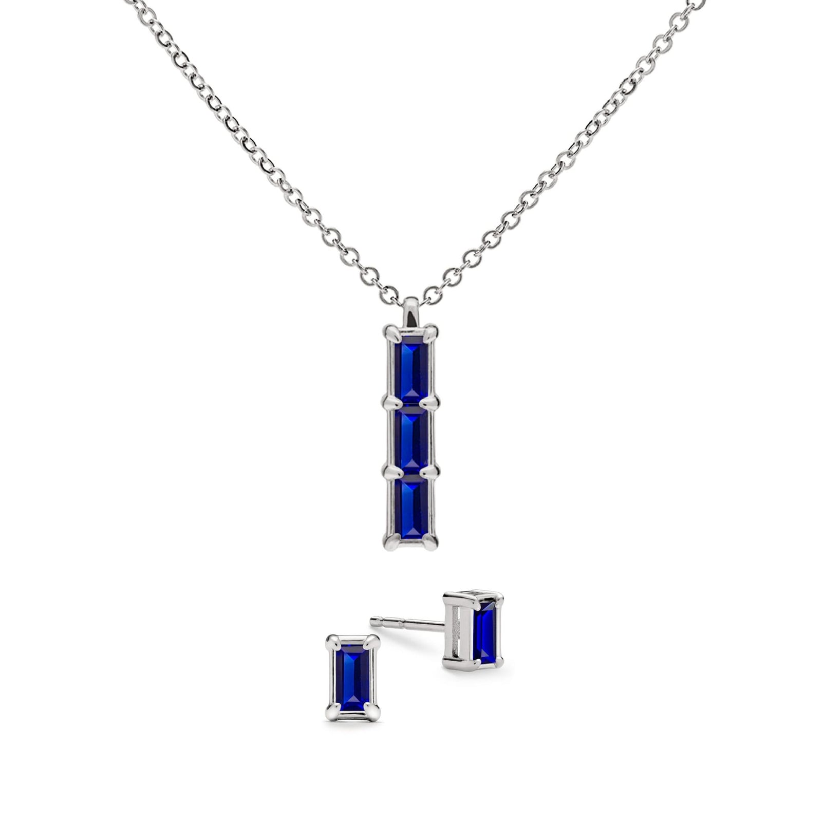 Providence 3 Sapphire pendant and stud earrings set with petite baguette stones set in 14k white gold
