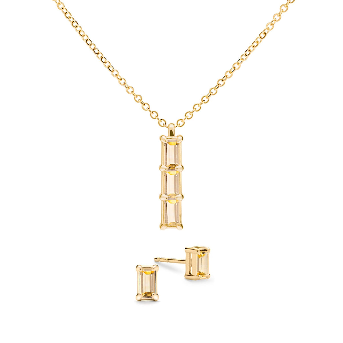 Providence 3 Citrine pendant and stud earrings set with petite baguette stones set in 14k yellow gold - front view