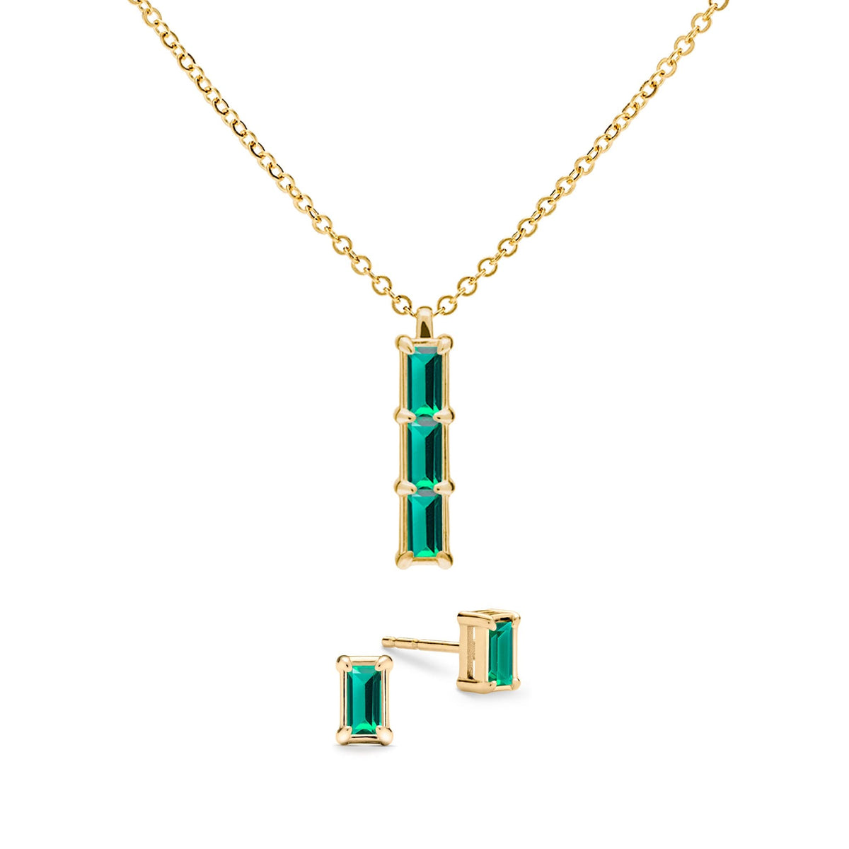 Providence 3 Emerald pendant and stud earrings set with petite baguette stones set in 14k yellow gold - front view