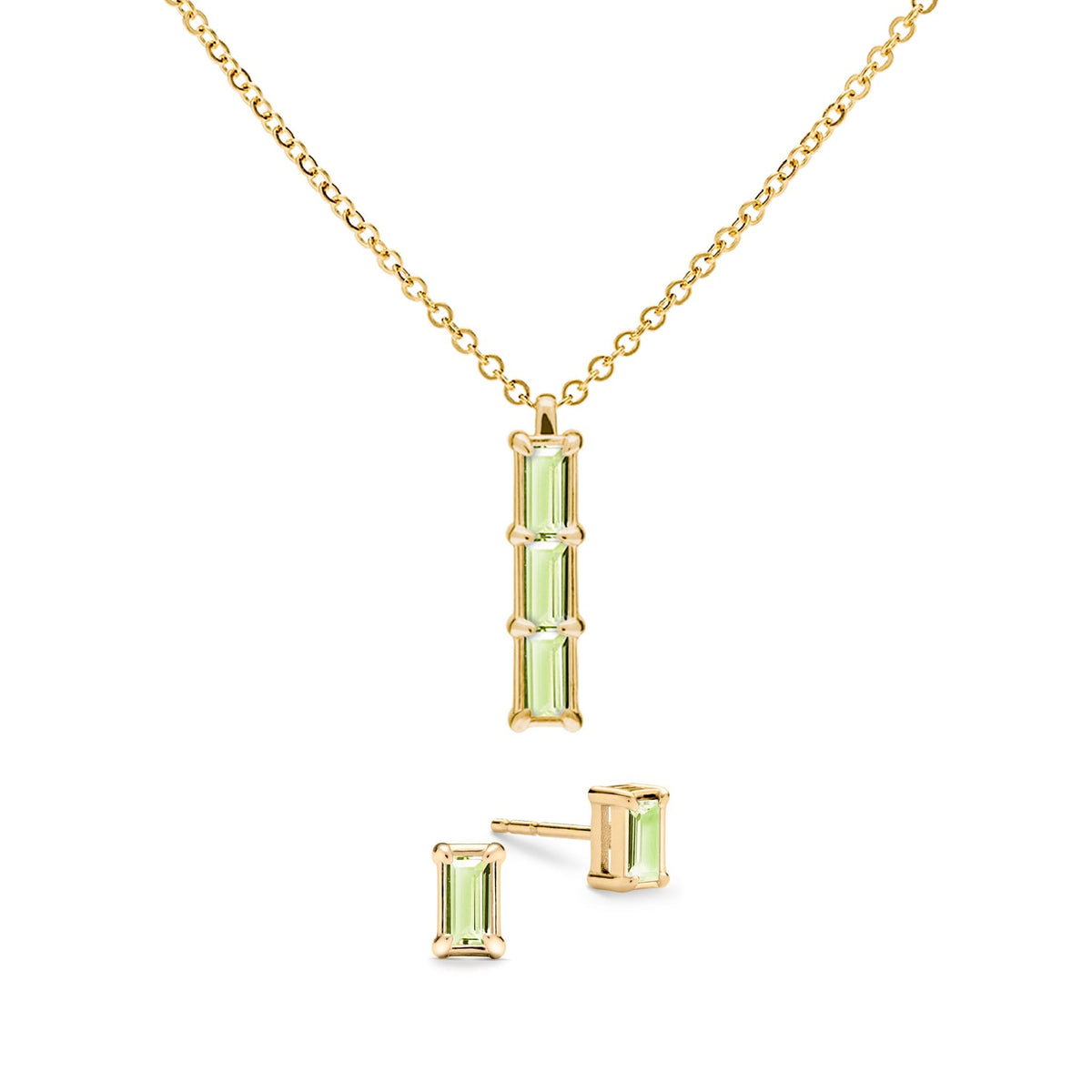 Providence 3 Peridot pendant and stud earrings set with petite baguette stones set in 14k yellow gold - front view