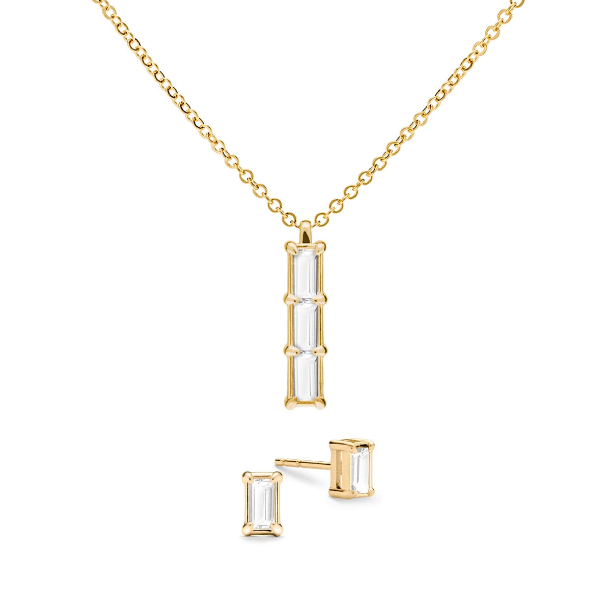 Providence 3 White Topaz pendant and stud earrings set with petite baguette stones set in 14k yellow gold - front view