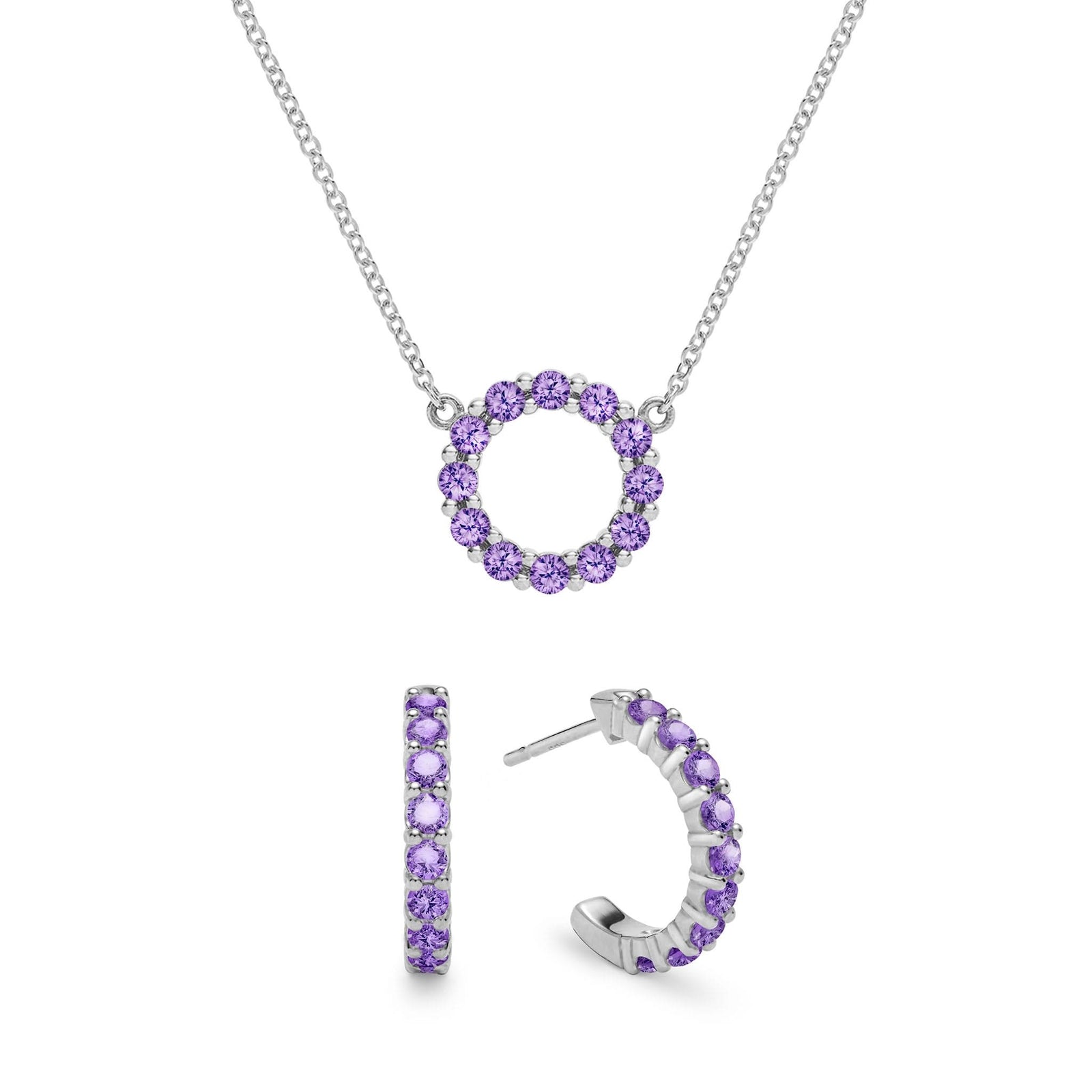 Rosecliff small open circle necklace and huggie earrings featuring 2 mm round cut amethysts prong set in 14k white gold