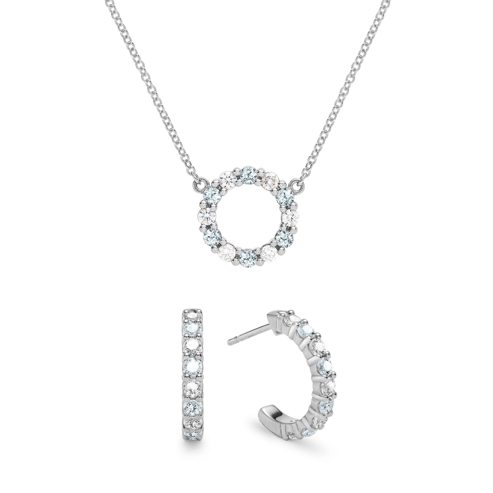 White gold Rosecliff small open circle necklace and huggie earrings featuring alternating 2 mm faceted diamonds & aquamarines