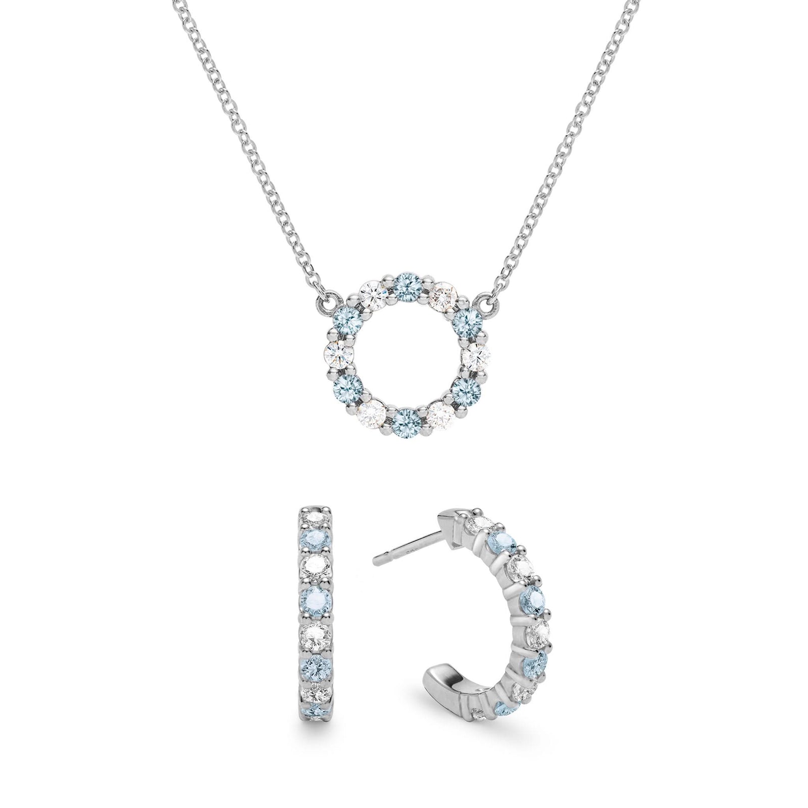 White gold Rosecliff small open circle necklace and huggie earrings with alternating 2 mm diamonds & Nantucket blue topaz