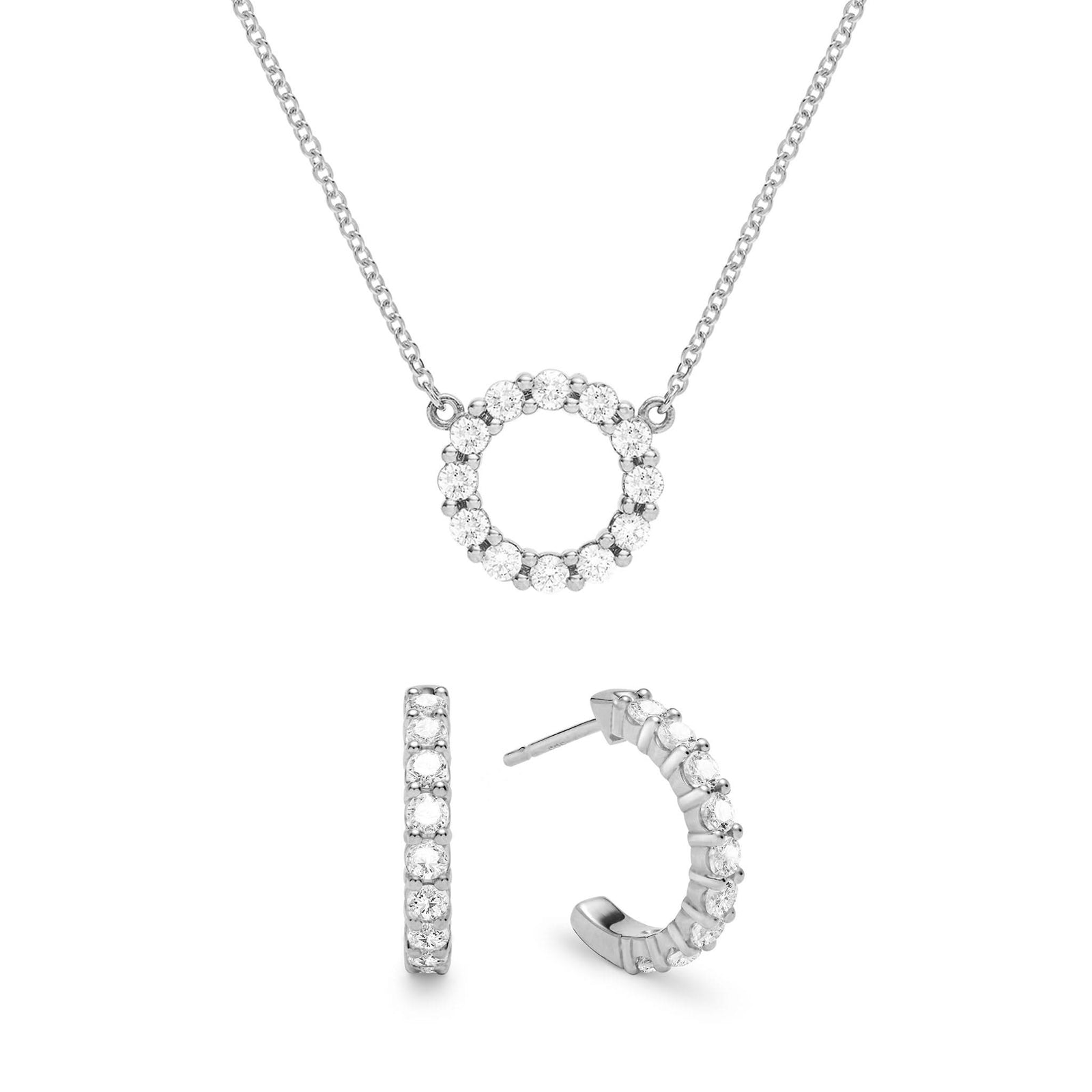 Rosecliff small open circle necklace and huggie earrings featuring 2 mm round cut diamonds prong set in 14k white gold