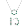 White gold Rosecliff small open circle necklace and huggie earrings featuring alternating 2 mm round cut diamonds & emeralds