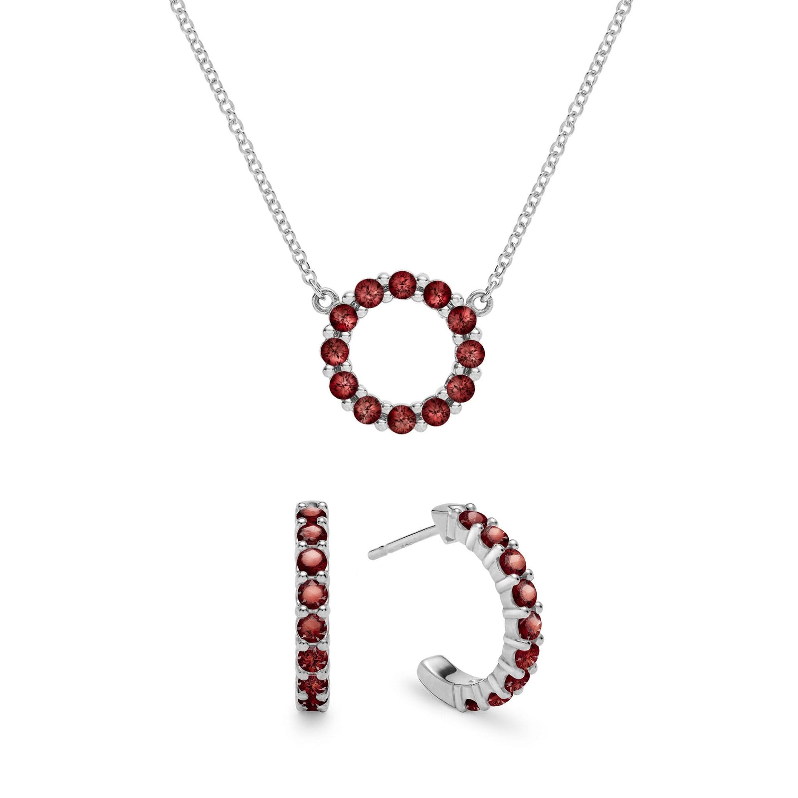 Rosecliff small open circle necklace and huggie earrings featuring 2 mm round cut garnets prong set in 14k white gold