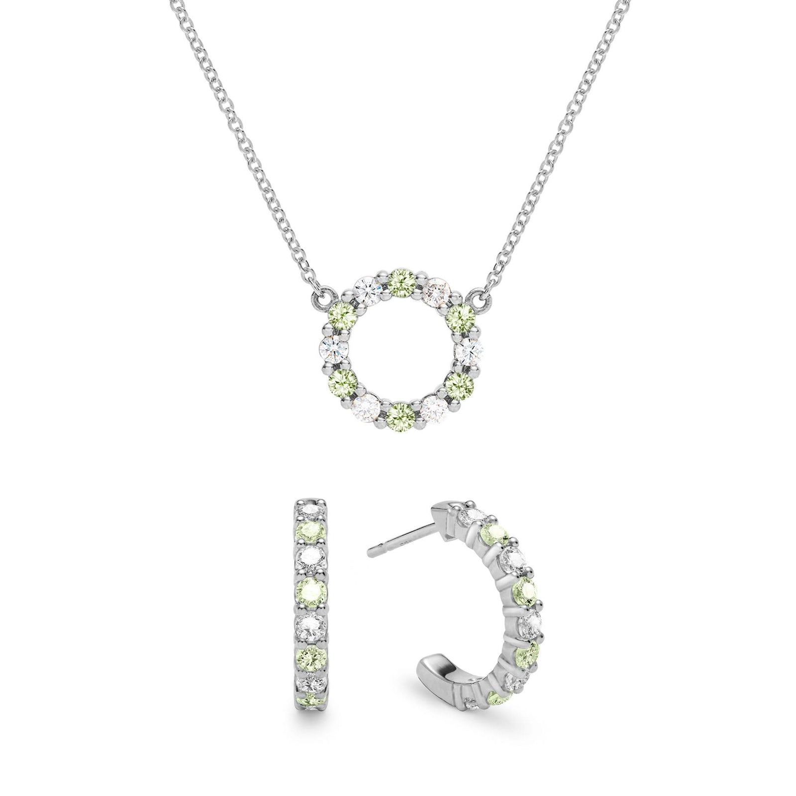 White gold Rosecliff small open circle necklace and huggie earrings featuring alternating 2 mm round cut diamonds & peridots