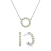Rosecliff small open circle necklace and huggie earrings featuring 2 mm round cut peridots prong set in 14k white gold