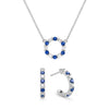 White gold Rosecliff small open circle necklace and huggie earrings featuring alternating 2 mm round cut diamonds & sapphires