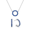 Rosecliff small open circle necklace and huggie earrings featuring 2 mm round cut sapphires prong set in 14k white gold