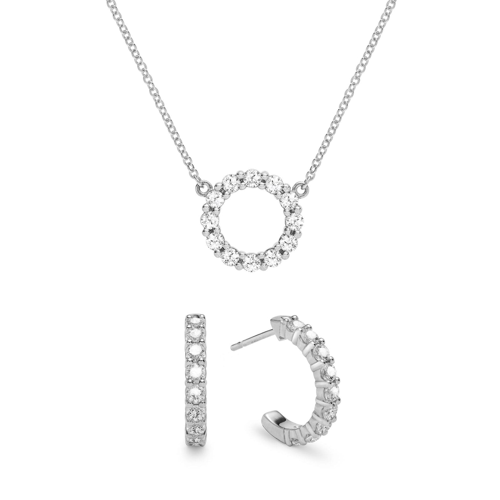 Rosecliff small open circle necklace and huggie earrings featuring 2 mm round cut white topaz prong set in 14k white gold
