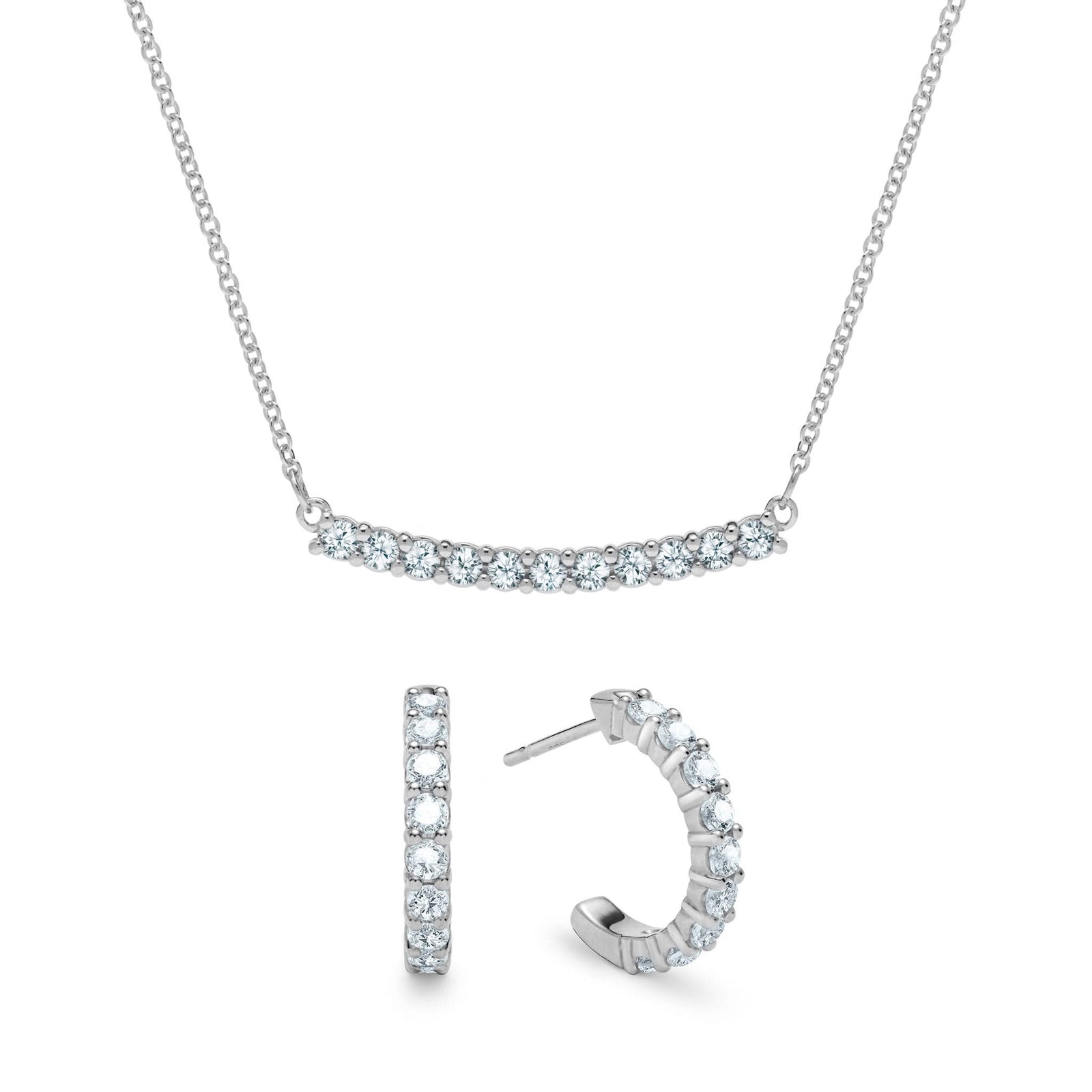 Rosecliff bar necklace and huggie earrings featuring 2 mm faceted round cut aquamarines prong set in 14k white gold