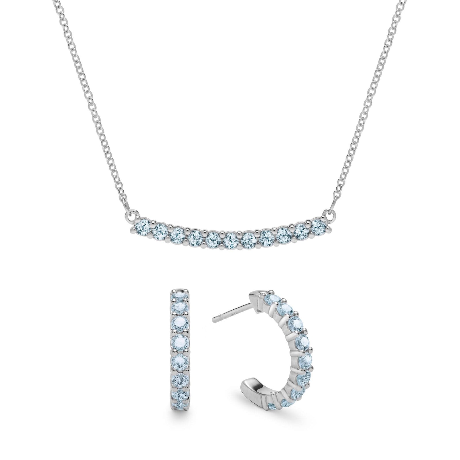 Rosecliff bar necklace and huggie earrings featuring 2 mm faceted round cut Nantucket blue topaz prong set in 14k white gold