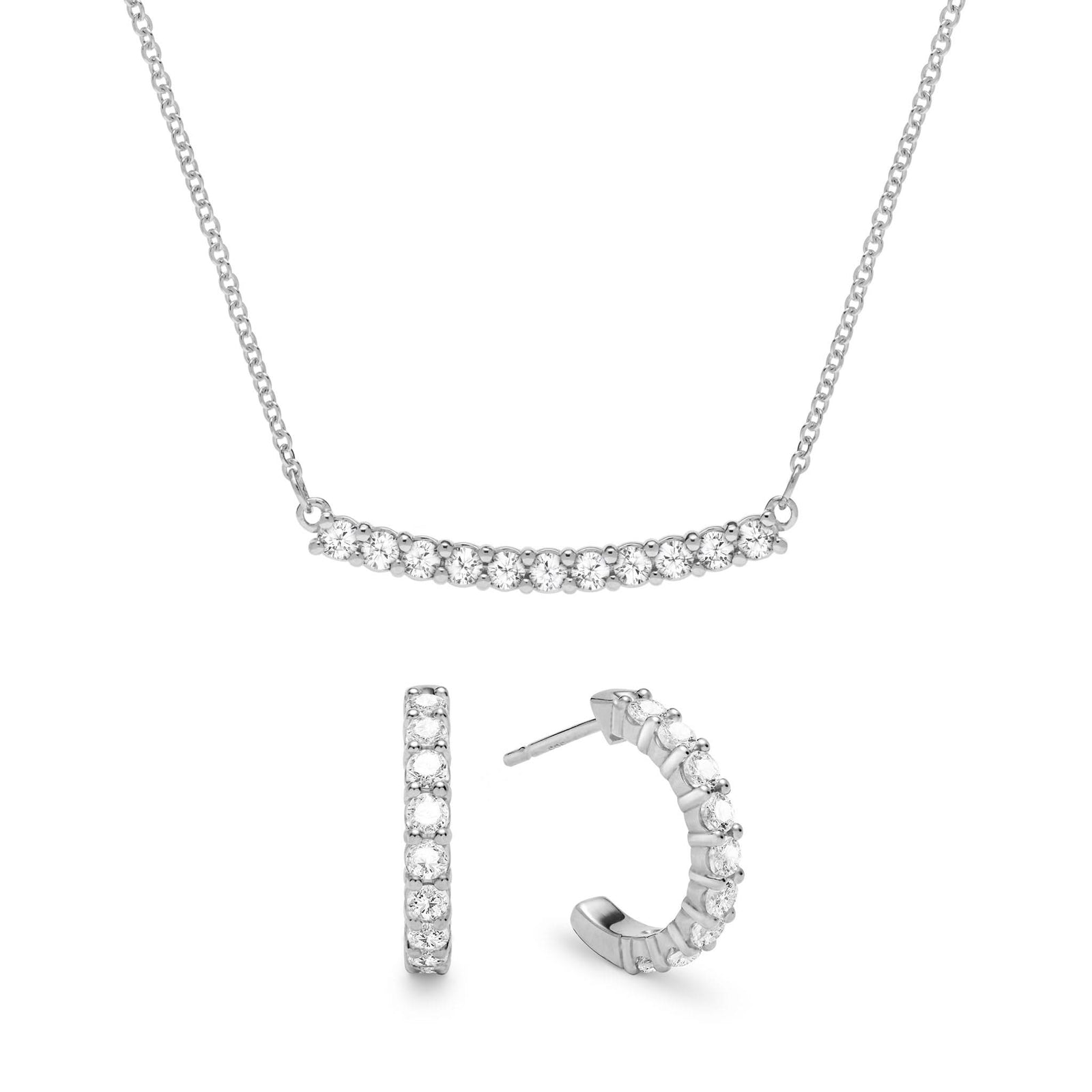Rosecliff bar necklace and huggie earrings featuring 2 mm faceted round cut diamonds prong set in 14k white gold