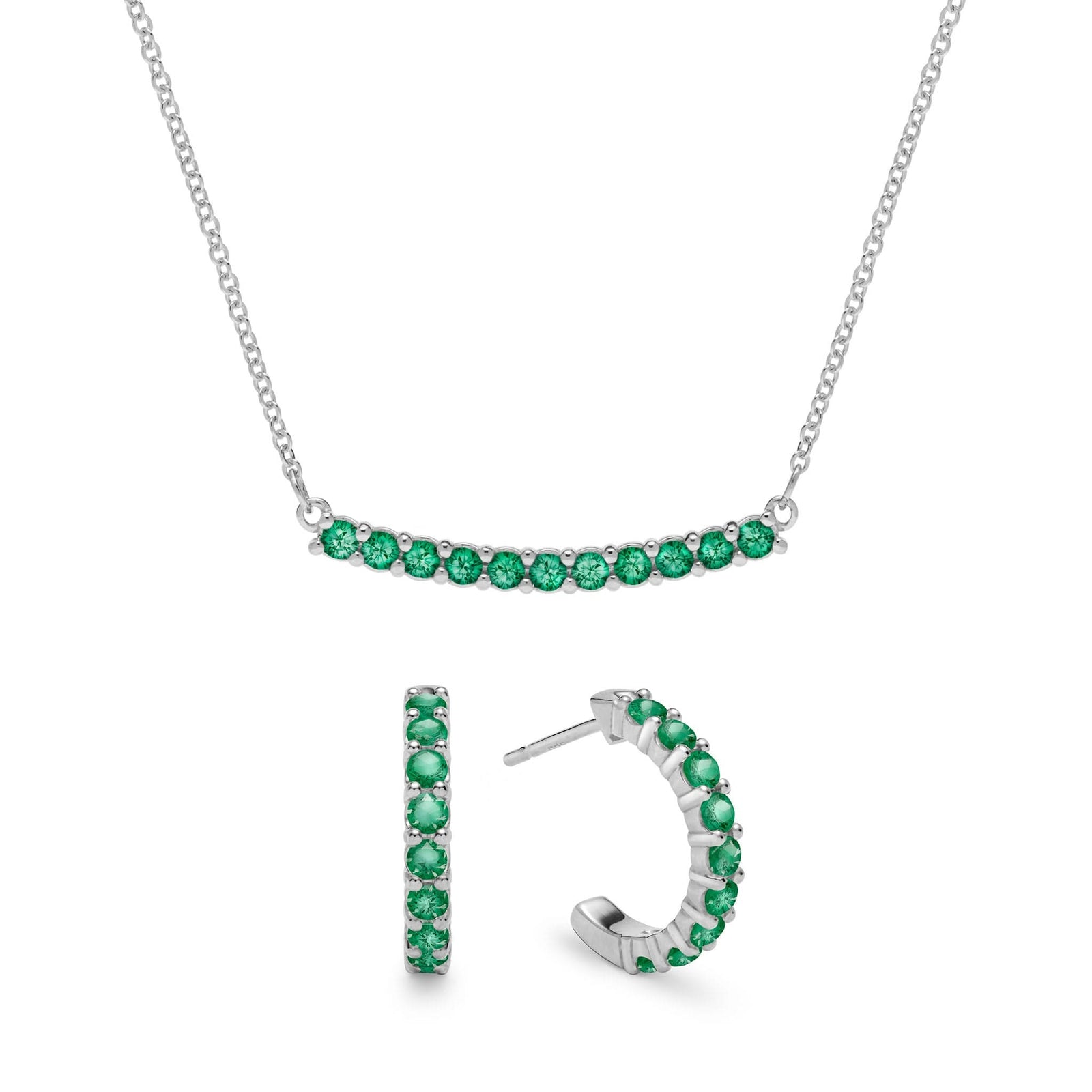 Rosecliff bar necklace and huggie earrings featuring 2 mm faceted round cut emeralds prong set in 14k white gold