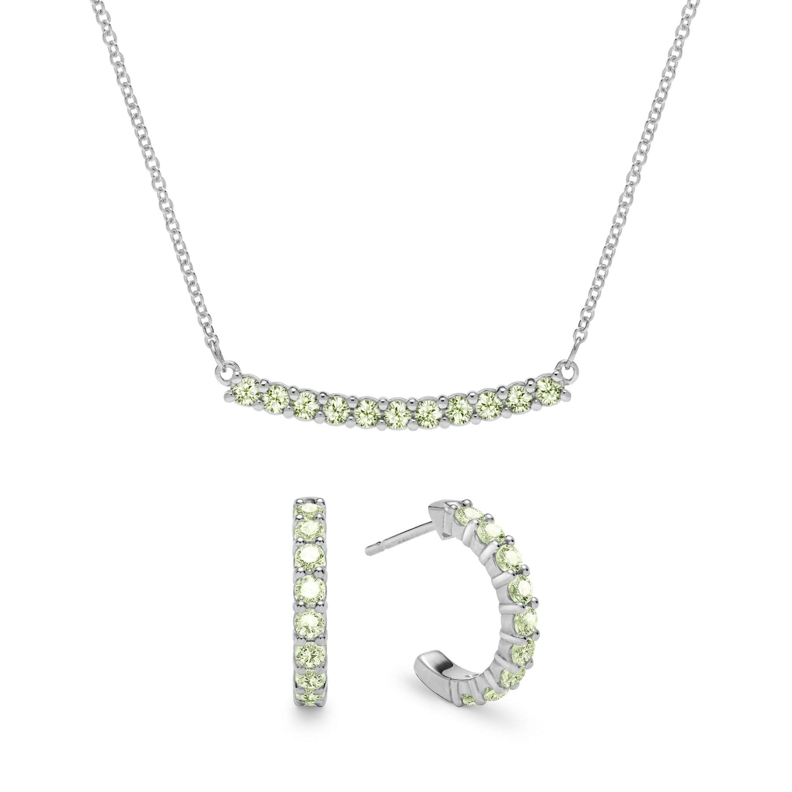 Rosecliff bar necklace and huggie earrings featuring 2 mm faceted round cut peridots prong set in 14k white gold