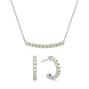 Rosecliff bar necklace and huggie earrings featuring 2 mm faceted round cut peridots prong set in 14k white gold
