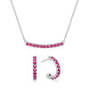 Rosecliff bar necklace and huggie earrings featuring 2 mm faceted round cut rubies prong set in 14k white gold