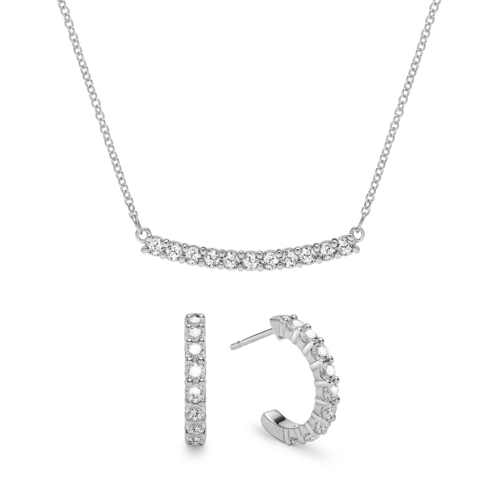 Rosecliff bar necklace and huggie earrings featuring 2 mm faceted round cut White Topaz prong set in 14k white gold