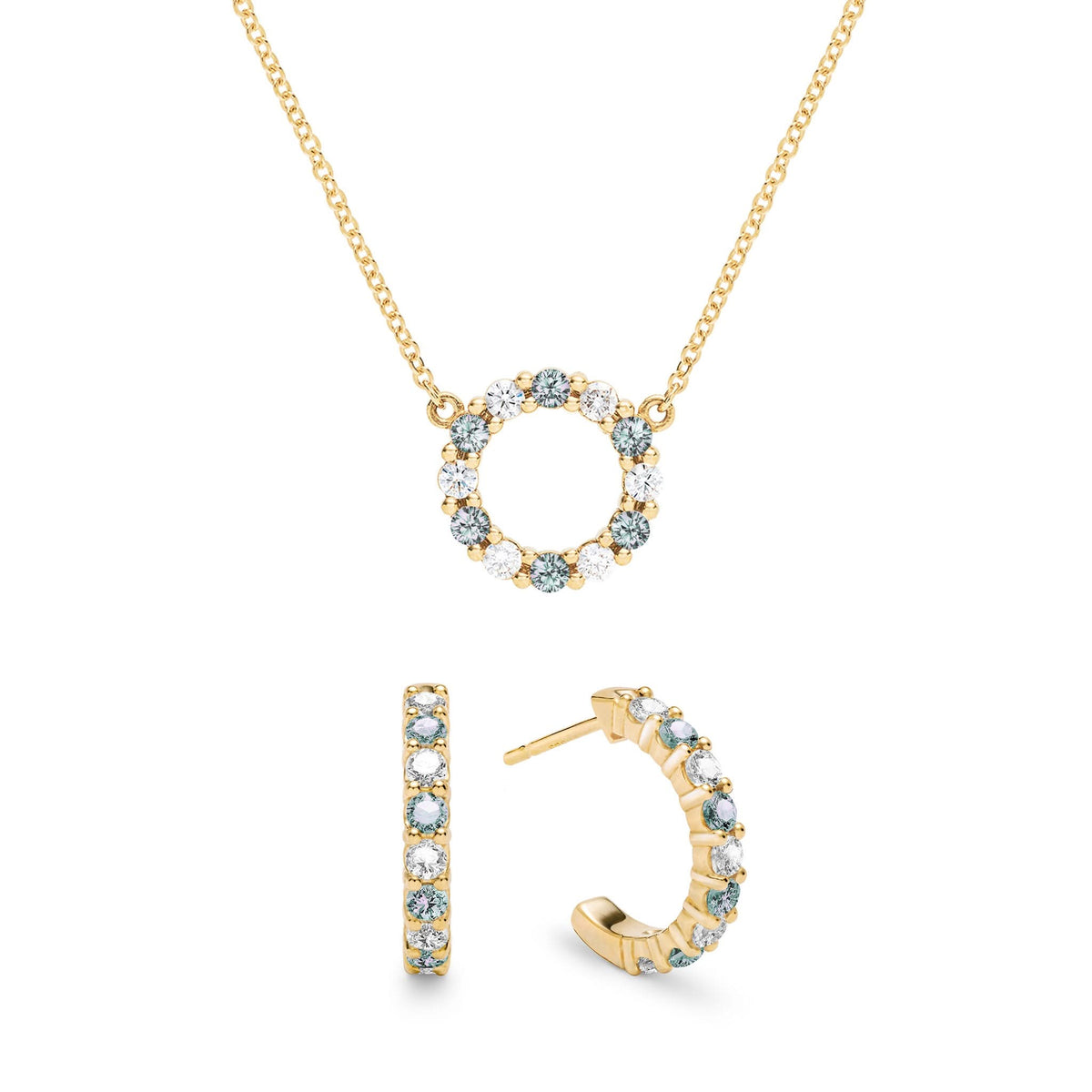 Gold Rosecliff small open circle necklace and huggie earrings featuring alternating 2 mm diamonds & alexandrites - front view