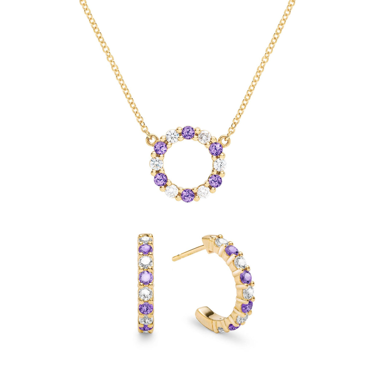 Gold Rosecliff small open circle necklace and huggie earrings featuring alternating 2 mm diamonds & amethysts - front view