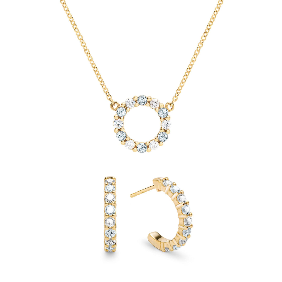 Gold Rosecliff small open circle necklace and huggie earrings featuring alternating 2 mm diamonds & aquamarines - front view