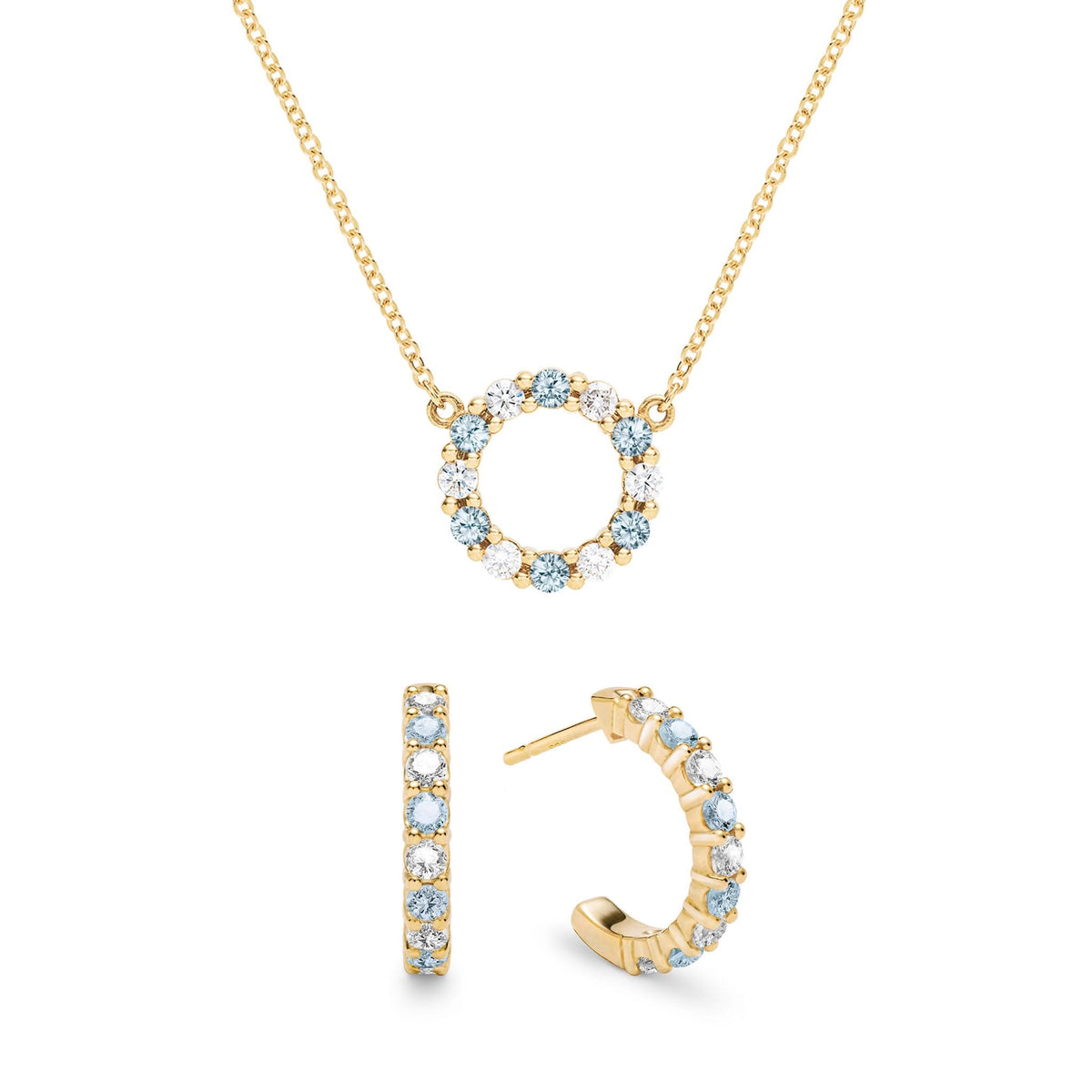 Gold Rosecliff small open circle necklace and huggie earrings with alternating diamonds & Nantucket blue topaz - front view