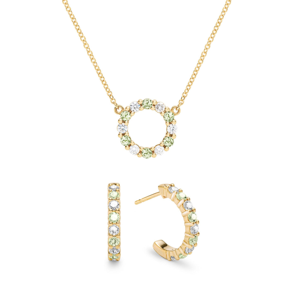 Gold Rosecliff small open circle necklace and huggie earrings featuring alternating 2 mm diamonds & peridots - front view