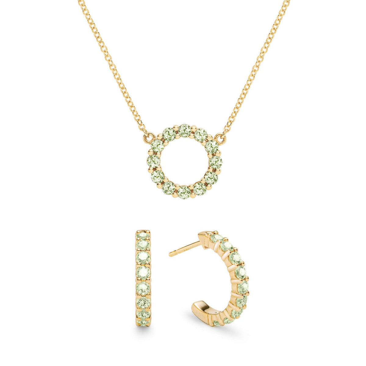 Rosecliff small open circle necklace and huggie earrings featuring 2 mm round cut peridots prong set in 14k gold - front view