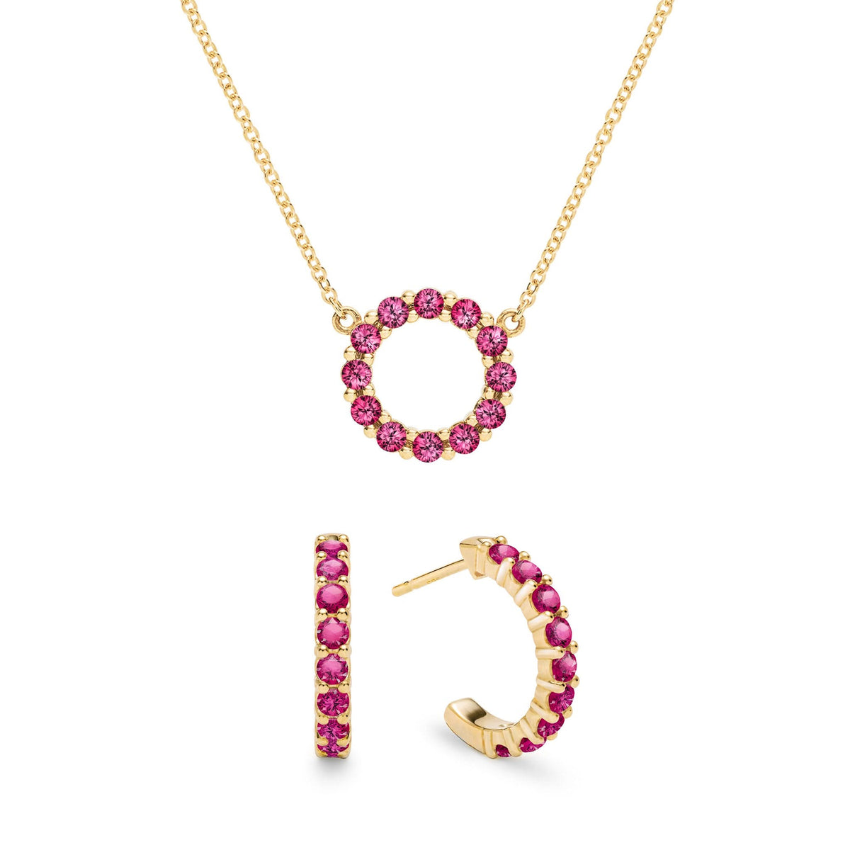 Rosecliff small open circle necklace and huggie earrings featuring 2 mm round cut rubies prong set in 14k gold - front view