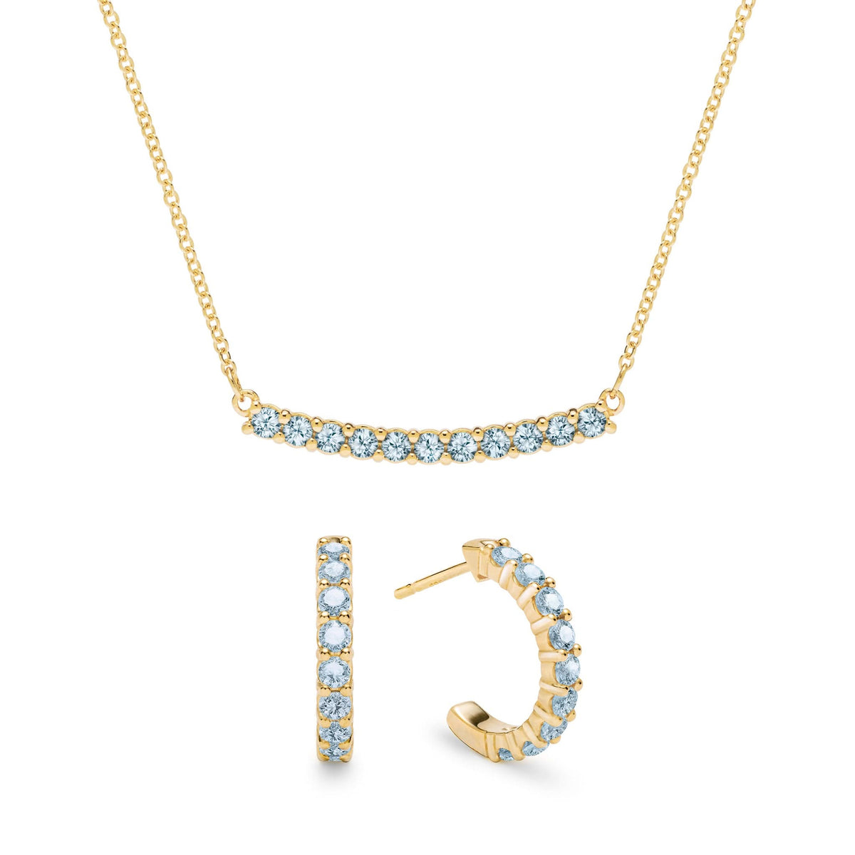 Rosecliff bar necklace and huggie earrings featuring 2 mm round cut Nantucket blue topaz prong set in 14k gold - front view