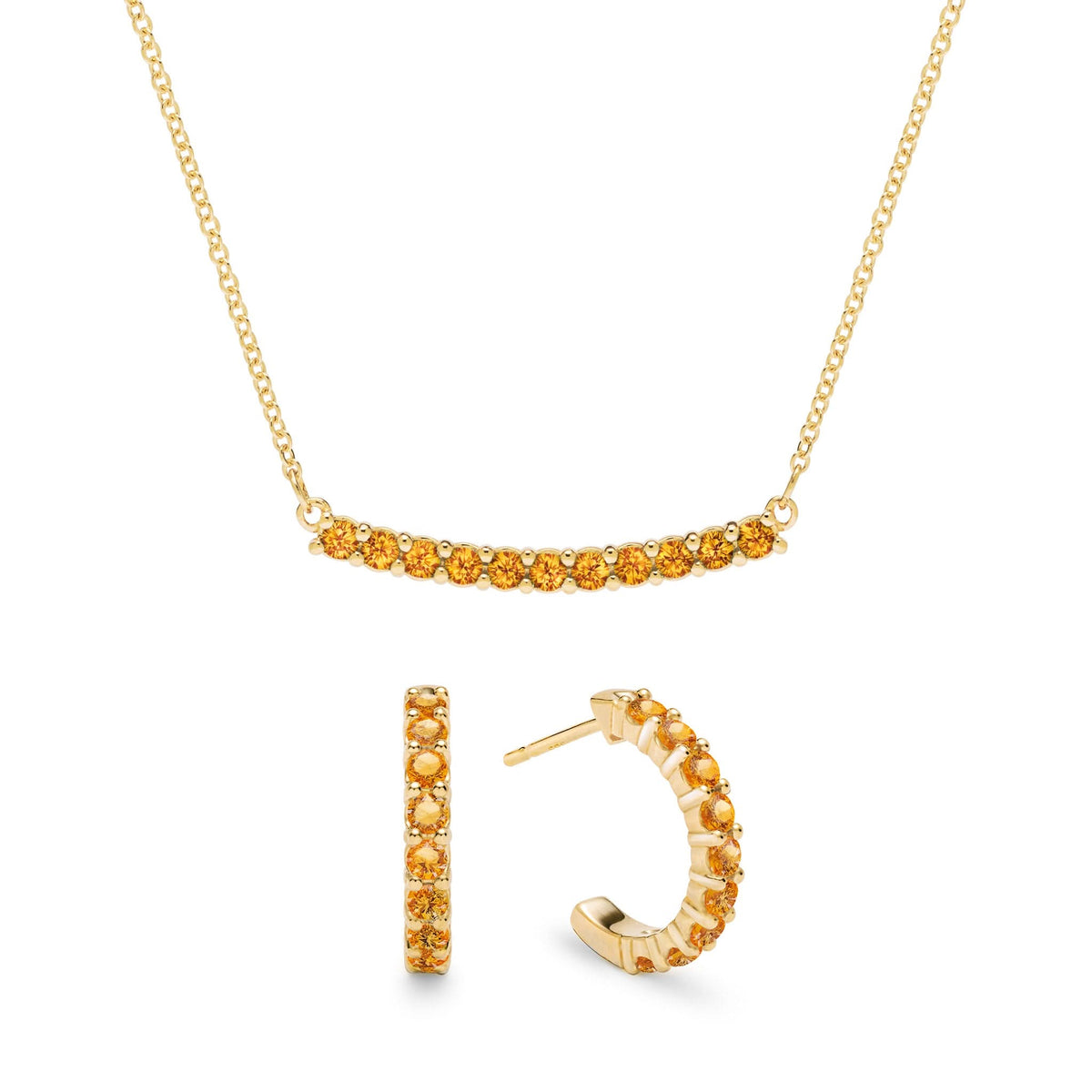 Rosecliff bar necklace and huggie earrings featuring 2 mm faceted round cut citrines prong set in 14k gold - front view