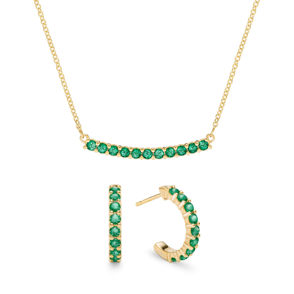 Rosecliff bar necklace and huggie earrings featuring 2 mm faceted round cut emeralds prong set in 14k yellow gold