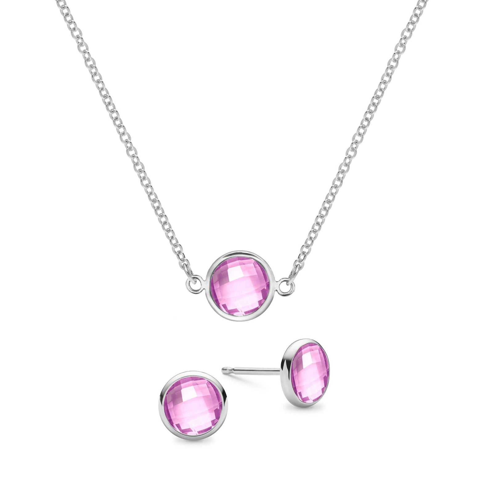 Grand 14k white gold cable chain necklace and stud earrings featuring 6 mm briolette cut bezel set pink sapphires