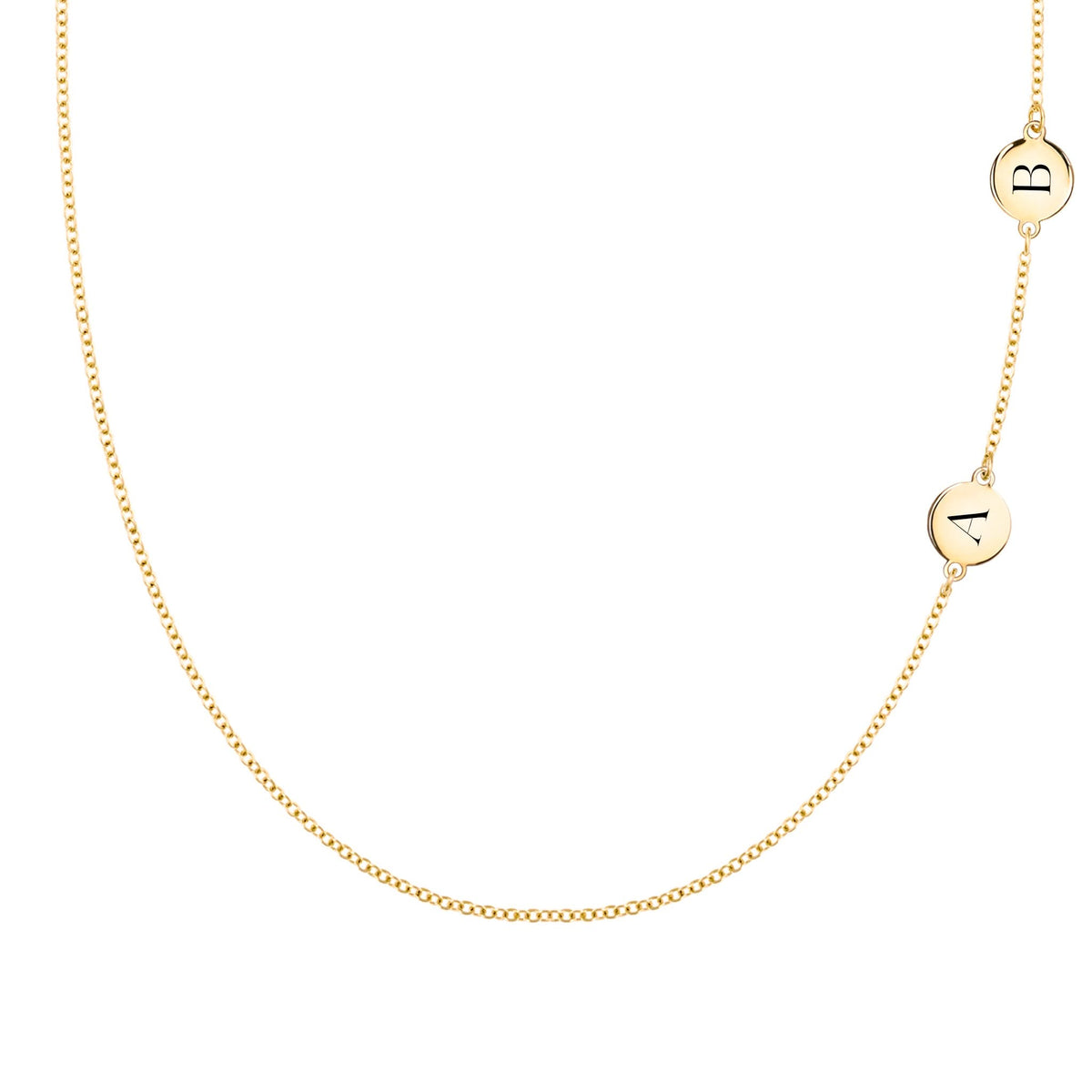 14k yellow gold cable chain necklace featuring two 1/4” flat discs engraved with the letters A and B - front view