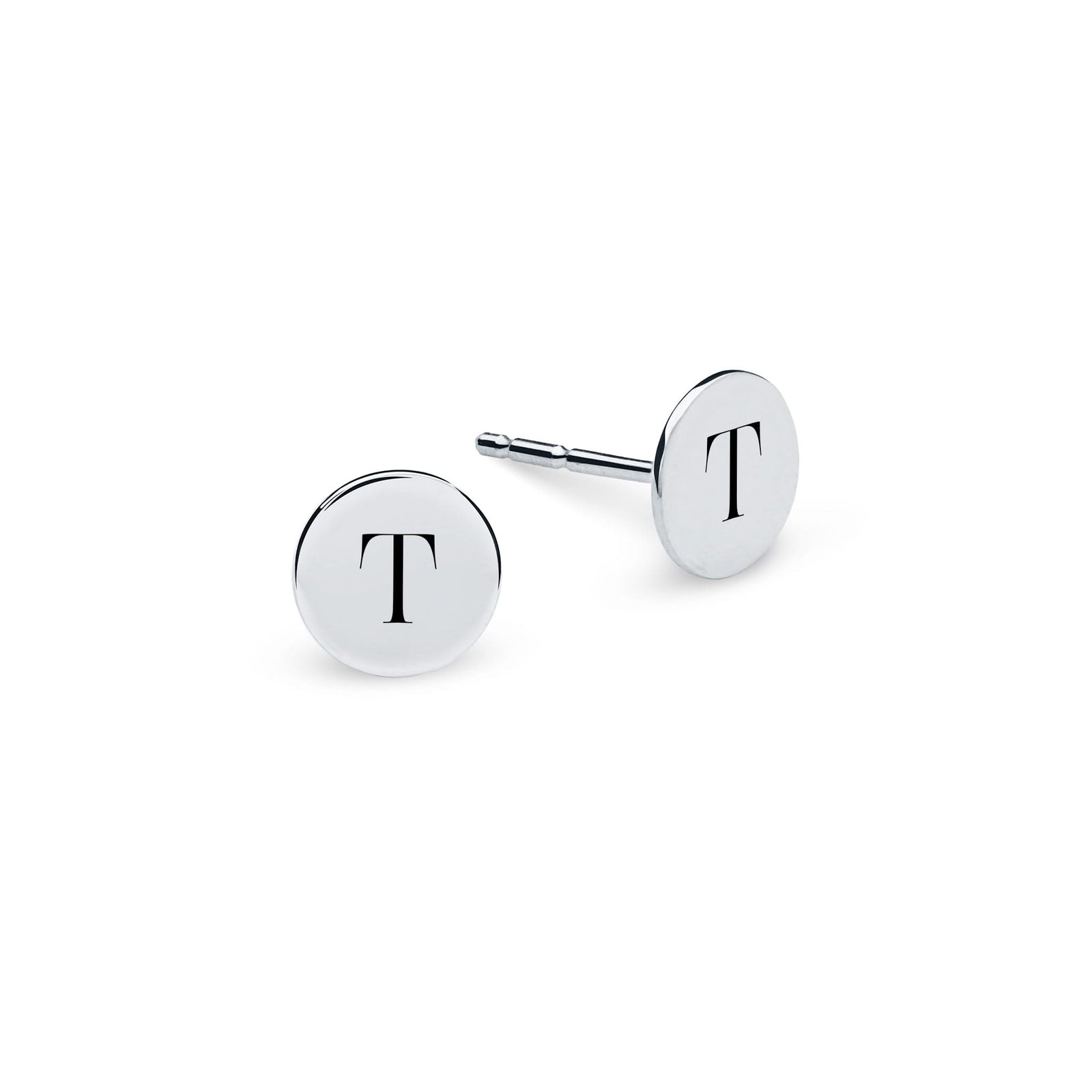 Pair of 14k yellow gold stud earrings each featuring one 1/4” flat disc engraved with the letter T