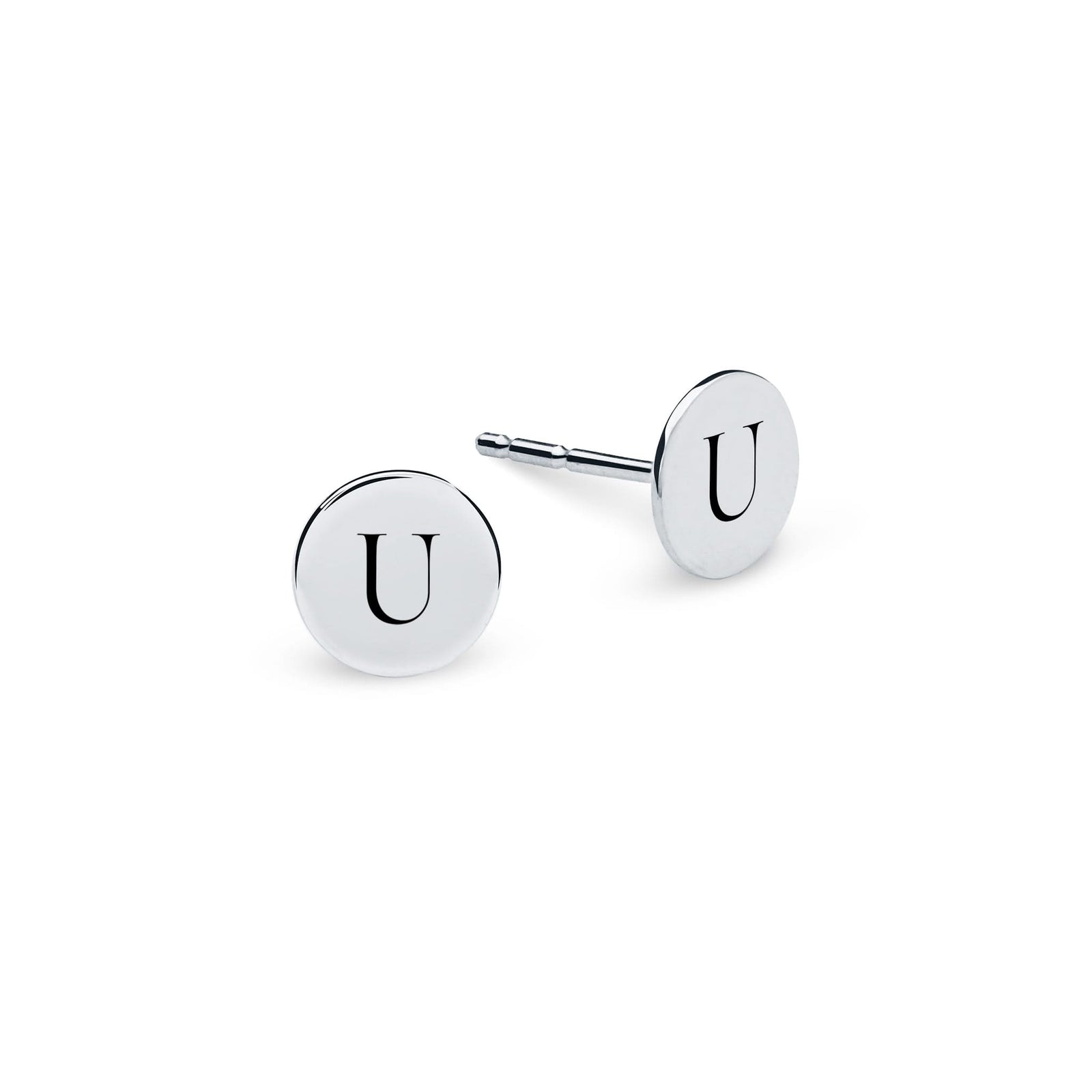 Pair of 14k white gold stud earrings each featuring one 1/4” flat disc engraved with the letter U