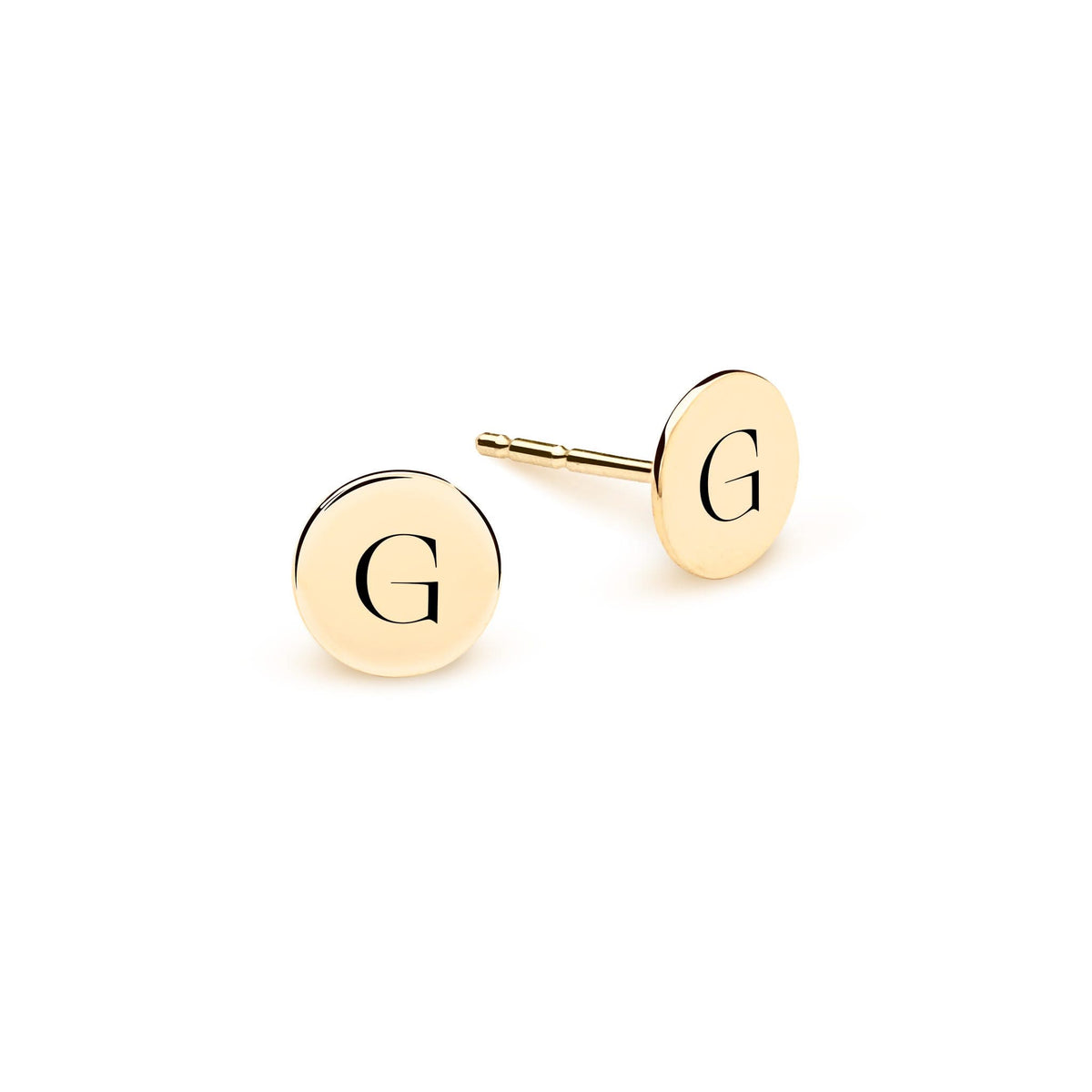 Pair of 14k yellow gold stud earrings each featuring one 1/4” flat disc engraved with the letter G - front view